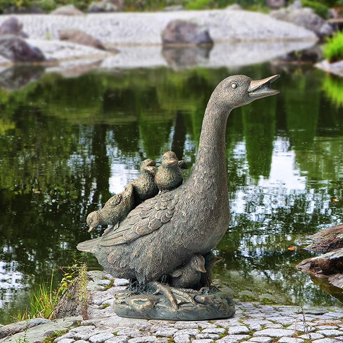 Glitzhome Bronze Duck Garden Statue, 15" H Faux Family of 4 with Mother and Three Babies, Hand-Painted Resin & Stone Outdoor Decor for Yard, Patio, Spring Landscape