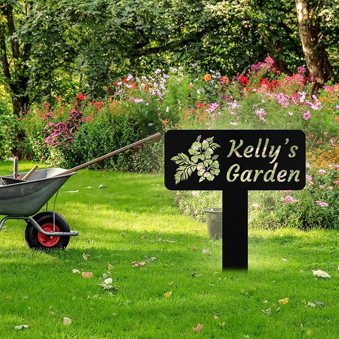 Personalized Metal Garden Signs with Stake, Custom Garden Name Signs for Outside Waterproof, Customized Name Sign Yard Lawn Gardens Decor Gardening Gifts for Moms Grandmas Gardeners