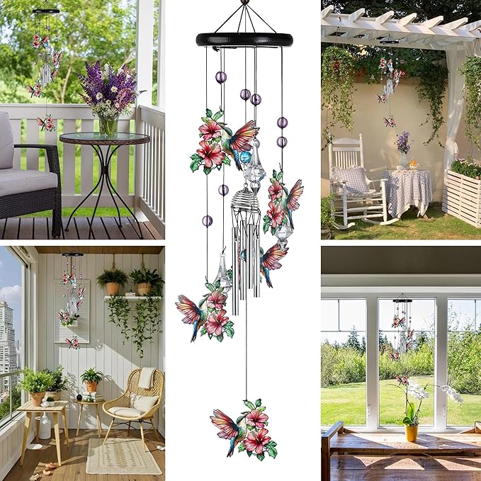 YU FENG Hummingbird Wind Chimes with Crystal Suncatcher – 27 Inch Memorial Wind Chime for Outdoor Garden Decor, Pink Hummingbird Gifts for Women/Mom/Grandma, Durable Metal Windchimes for Yard/Patio