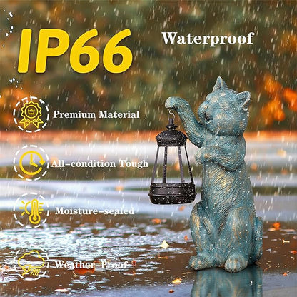 Garden Statue Cat with Solar Lantern Outdoor Decorations Cat Figurine Lights for Outdoor Patio Balcony Yard Porch Lawn for Women Mom Grandma Family Friend