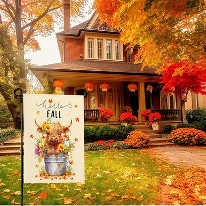 Hello Fall Garden Flag Highland Cow Polyester Yard Flag Double Sided Vertical 12x18 Inch Farmhouse Pumpkin Sunflower Floral Garden Flags Autumn Maple Leaf House Banner for Seasonal Outdoor