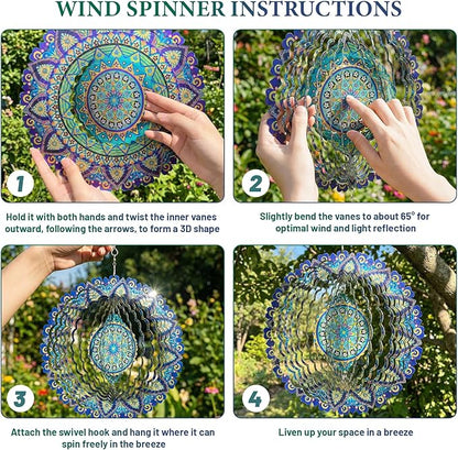 Mandala Wind Spinners Outdoor, IDEA SHOW Stainless Steel Wind Spinners Outside, 3D Kinetic Hanging Sculpture, Rustproof Metal Garden Decor Ornaments for Yard Art, Women, Men, Holidays