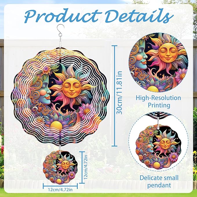 Hanging Wind Spinners Outdoor, 3D Kinetic Metal Wind Spinner with Sun Moon Celestial Boho Design for Garden Yard Decor, Spiritual Gifts for Women Meditation Yoga Lovers