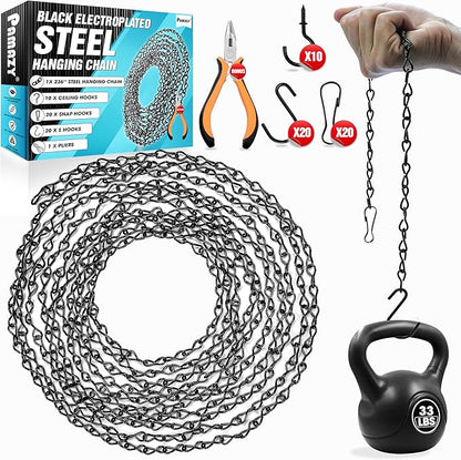 [Upgraded] 236” Black Electroplated Steel Hanging Chain with S-Hooks, Snap Hooks, Ceiling Hooks & Pliers, 33LBS Load Bearing, Adjustable Length for Hanging Bird Feeders, Planters, Lanterns, Billboards