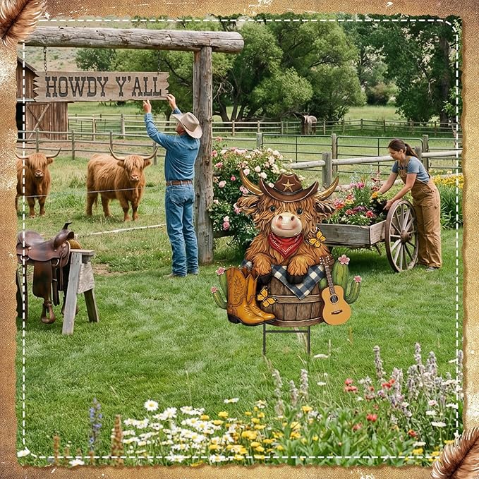 Amyhill Western Cowboy Highland Cow Outdoor Decor Cow Metal Garden Stakes Decorative Western Highland Calf Lovers Yard Signs with Stakes for Farmhouse Wild West Holiday Garden Lawn Decor