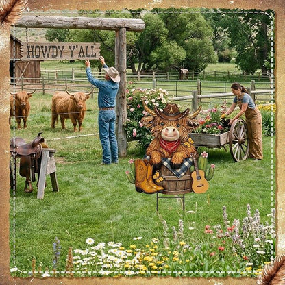 Amyhill Western Cowboy Highland Cow Outdoor Decor Cow Metal Garden Stakes Decorative Western Highland Calf Lovers Yard Signs with Stakes for Farmhouse Wild West Holiday Garden Lawn Decor