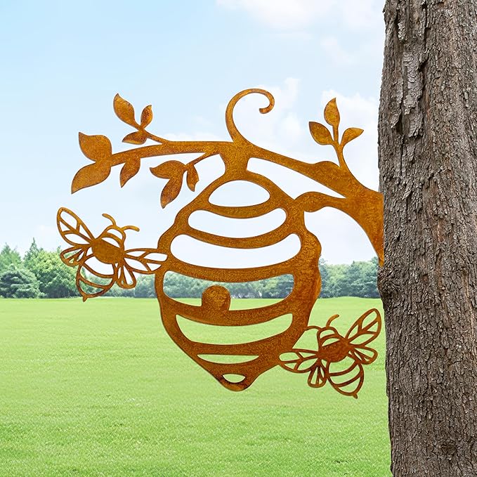 Metal Rusty Bee & Honeycomb Metal Garden Sculpture Outdoor Yard Art Ornament Exquisite Animal BeeTree Stake Decoration for Home Garden Yard Outdoor 11.2x10.7inch