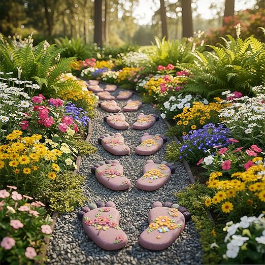 Stepping Stones - Light Brown Resin Footprint Shaped Set of 2 for Patio, Deck, Garden or Sidewalk