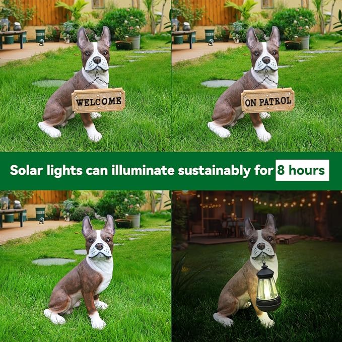 French Bulldog Garden Statue with Solar Lantern & Welcome Sign, 13.8" Realistic Dog Outdoor Decor, Waterproof Resin Animal Lawn Ornament for Patio, Yard, Porch and Housewarming Gift