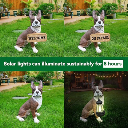 Outdoor French Bulldog Dog Statue with Interchangeable Welcome Sign and Detachable Solar Lantern –LED Light Garden Dog Sculpture Décor, Cute Puppy Design for Yard, Porch, Gift