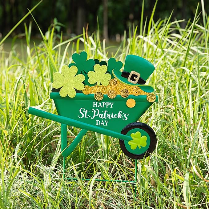 Glitzhome Metal St. Patrick's Yard Signs, Shamrocks Wagon Garden Stakes, 24"H Wall Decor Yard stake for Home Party Yard Lawn Patio Outdoor Decoration
