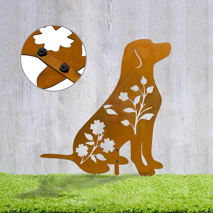 Dog Garden Stake - Unique Gift for Dog Lovers, Black Metal Outdoor Decor, Durable Yard Art Statue (Rusty Labrador)