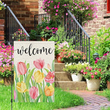 Heyfibro Welcome Spring Summer Garden Flag 12 x 18 Inch Vertical Double Sided Burlap, Tulip Flower Floral Garden Flags for Seasonal Holiday Farmhouse Yard Outdoor Decor(ONLY FLAG)