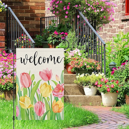 Heyfibro Welcome Spring Summer Garden Flag 12 x 18 Inch Vertical Double Sided Burlap, Tulip Flower Floral Garden Flags for Seasonal Holiday Farmhouse Yard Outdoor Decor(ONLY FLAG)
