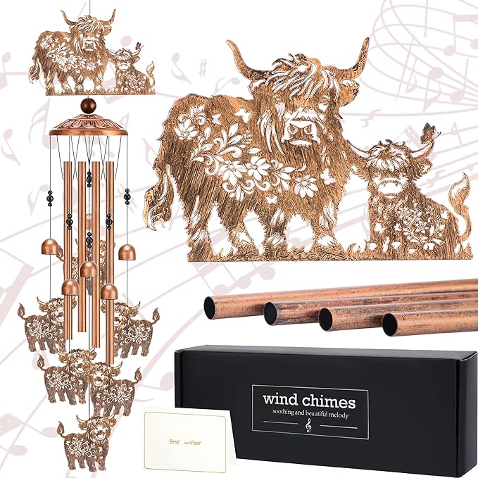 Highland Cow Gifts Windchimes - Metal Animal Wind Chimes for Cows Lover Outside Garden Yard Patio Decor Waterproof Home Indoor Hanging Decoration Christmas Birthday Gift for Mom Grandma Women