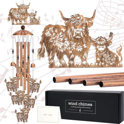 Highland Cow Gifts Windchimes - Metal Animal Wind Chimes for Cows Lover Outside Garden Yard Patio Decor Waterproof Home Indoor Hanging Decoration Christmas Birthday Gift for Mom Grandma Women