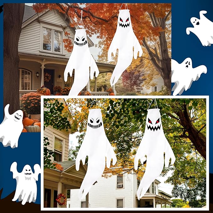 Geefuun 2PCS Halloween Fierce Ghost Windsocks Hanging Decorations - 43 Inch Flag Wind Socks for Home Yard Outdoor Decor Party Supplies