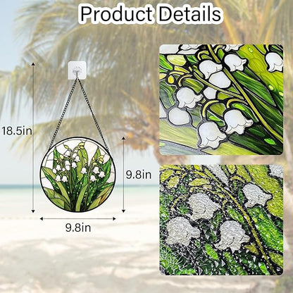 DASTOLL Stained Glass Window Hanging, Lily of the Valley Flower Sun Catchers Colorful Glass Panel Green Plants Suncatcher Decor for Birthday for Women, Men,Wife, Lovers, and Mom 9.8 in