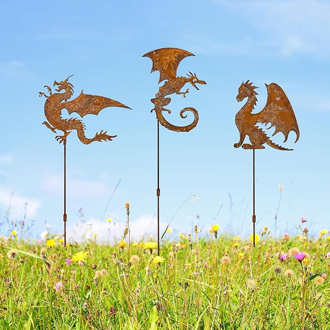 Rusty Fantasy Dragon Garden Stakes Decor, 24 Inch Metal Yard Art Decor, Decorative Garden Stakes Outdoor, Lawn Art Dragons Garden Decorations for outside, Ancient Dragons Garden Statue,Set of 3