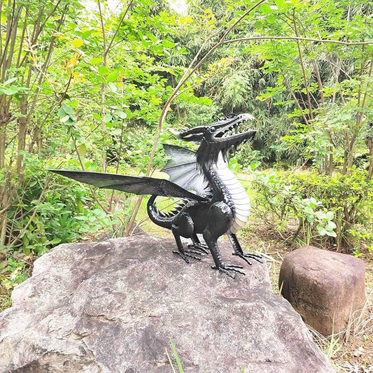 Decorative Black Echo Dragon Garden Sculpture, Design Horned Dragon Winged Gargoyle Dragon– Patio Porch Courtyard Decor-Rockery Topper Statue-Gothic Flying Grotesque Dragon
