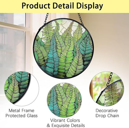 TNUW Fern Plant Stained Glass Window Hanging, Gifts for Plant Lovers Sun Catchers Indoor Window Glass Round Wall Art Decor, Fern Botanical Wall Hanging Decorations, 7.9＂x7.9＂
