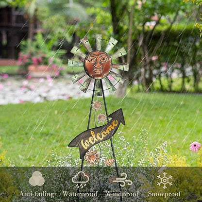 TERESA'S COLLECTIONS Garden Decor with Solar Outdoor Lights, Wind Spinner Yard Art Sign for Outside, 26'' Bronze Metal Sun Face Windmill Decorative Garden Stake for Lawn Ornaments, Gifts for Mom