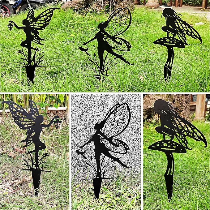 Tipmant Metal Iron Art Decoration Flower Fairy Silhouette Decorative Stakes Statues Ornament Crafts for Outdoor Gardens, Yard, Courtyards, Parks, Lawns, Potted Plants, Corridors etc. – 3 Pack