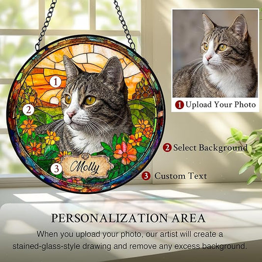Personalized Pet Stained Glass Suncatcher, Dog Cat Memorial Window Hanging, Sympathy Bereavement Potrait Photo Gift for Loss of Pet, Remembrance Gift for Cat Dog Lovers