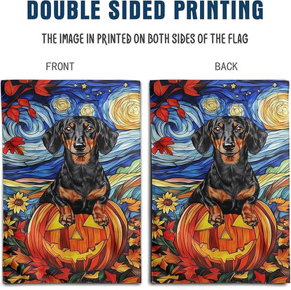 Stained Glass Dachshund Fall Garden Flag Halloween Pumpkin Yard Signs Autumn Sunflower Thanksgiving Banner for Outside 12x18 Double Sided Small Weiner Dog Outdoor Decorative