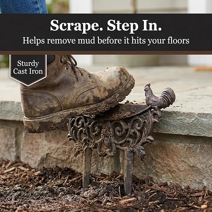 LuLu Decor, Cast Iron Garden Boot Scraper Set of 2, Solid Decorative Design with Pointed Bottom for Easy in ground use, H 10" W 11"(2 Pc Rooster)
