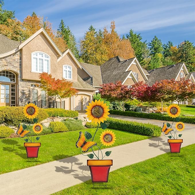 pearlstar Sunflower Decorative Garden Stake 44 Inches Large Metal Art Outdoor Yard Decor Flower Pot Design for Outside Garden Lawn Patio Proch Ornaments,Butterfly