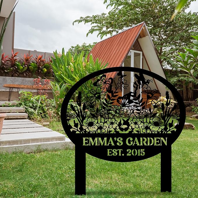 Metal Signs Customized, Personalized Garden Stake Metal Sign, Custom Garden Name Sign, Custom Date Sign with Stakes for Outside, Home Backyard Decor, Farmhouse Patio Decorations, Housewarming Gift