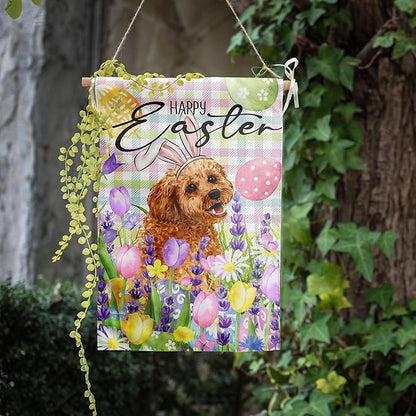 Happy Easter Dog Garden Flag Golden Doodle Spring Flags Buffalo Plaid Bunny Eggs Yard Flag for Outside 12x18 Double Sided Small Decorative Floral Outdoor Flag
