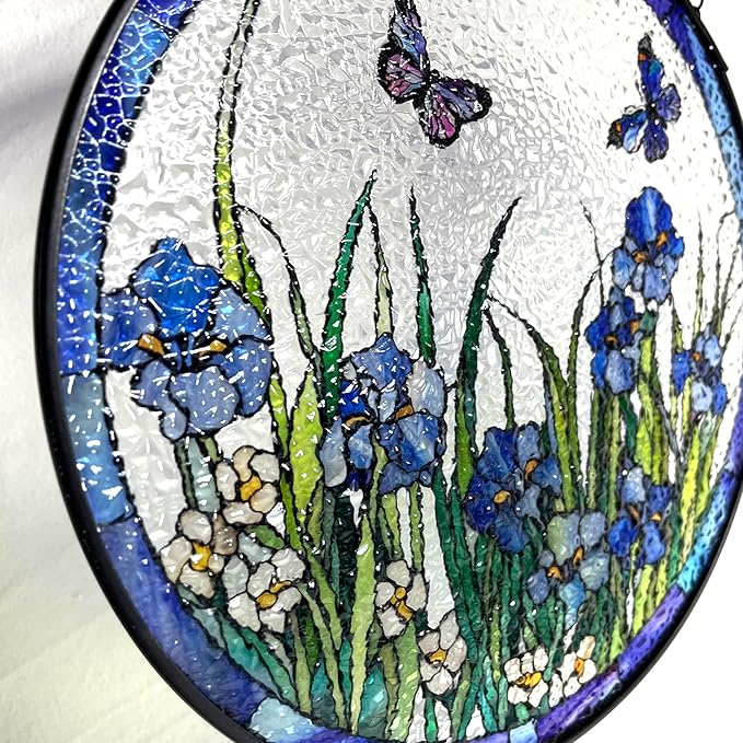 Blue Irises and Butterflies Stained Glass Suncatcher, Handmade Window Hanging Wall Art with Chain, Real Glass Indoor Home Decor, Unique Sun Catcher Gift for Women, Christmas, 11.8”
