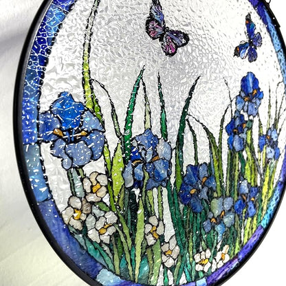 Blue Irises and Butterflies Stained Glass Suncatcher, Handmade Window Hanging Wall Art with Chain, Real Glass Indoor Home Decor, Unique Sun Catcher Gift for Women, Christmas, 11.8”