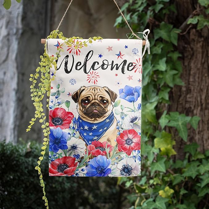 4th of July Pug Garden Flag Red White Blue Floral Dog Yard Flags Small Memorial Independence Day Banner 12x18 Double Sided for Outside Outdoor Patriotic Decor