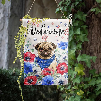 4th of July Pug Garden Flag Red White Blue Floral Dog Yard Flags Small Memorial Independence Day Banner 12x18 Double Sided for Outside Outdoor Patriotic Decor