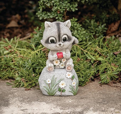 Roman 8” Raccoon Sitting on Rock Garden Statue – Outdoor Yard Decor, Animal Figurine for Garden, Lawn, or Patio