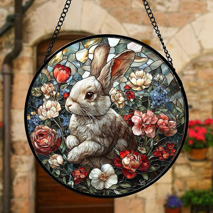 DASTOLL Stained Glass Window Hanging - Cute Rabbit Flowers Suncatcher Ready to Hang Window Doors Home Decoration, Christmas, Mother's Day Birthday Gifts for Women, Men, and Mom 9.8x9.8 in
