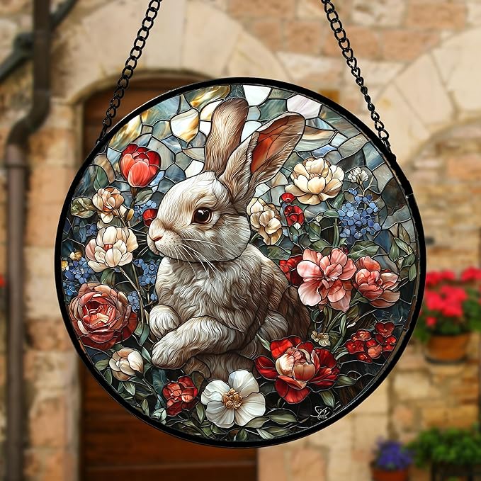 DASTOLL Stained Glass Window Hanging - Cute Rabbit Flowers Suncatcher Ready to Hang Window Doors Home Decoration, Christmas, Mother's Day Birthday Gifts for Women, Men, and Mom 15x15 in