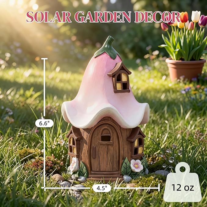 Solar Fairy Garden House, Whimsical Flower Cottage Fairy Figurines with Automatic Solar Lights, Hand-Painted Resin Garden Statue Unique Gift for Outdoor, Patio, Yard Art, Balcony, Porch Decor