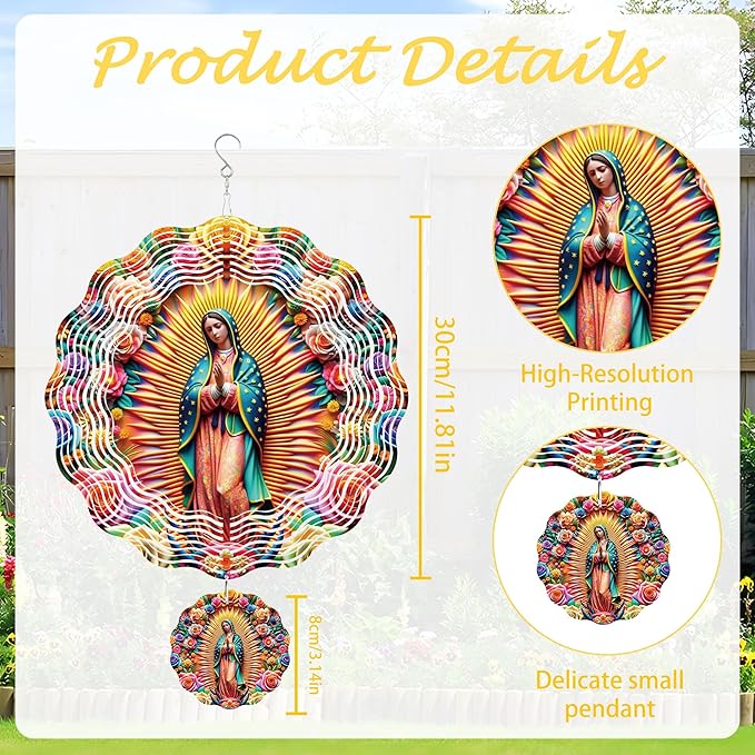 Wind Spinner Hanging Outdoor Decor, 12 Inch 3D Our Lady of Guadalupe Metal Kinetic Wind Spinners for Garden Yard Patio, Stainless Steel Laser Cut Art Catholic Christian Gifts for Women