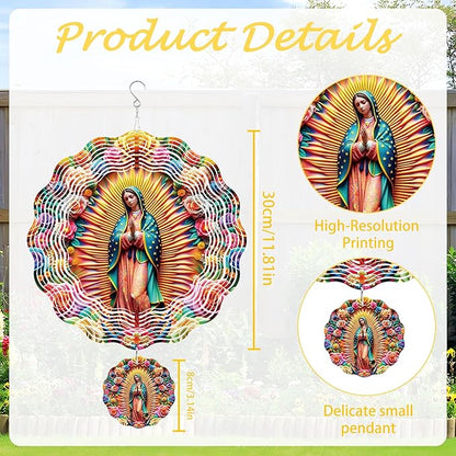 Wind Spinner Hanging Outdoor Decor, 12 Inch 3D Our Lady of Guadalupe Metal Kinetic Wind Spinners for Garden Yard Patio, Stainless Steel Laser Cut Art Catholic Christian Gifts for Women