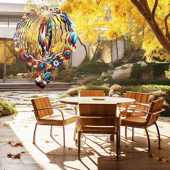 Rooster Wind Spinners, Chicken Gifts for Women Mom Grandma Wife, 12 inch 3D Stainless Steel Hanging Wind Spinners Outdoor for Garden Decorations, Christmas Thanksgiving Birthday Ornament Gifts