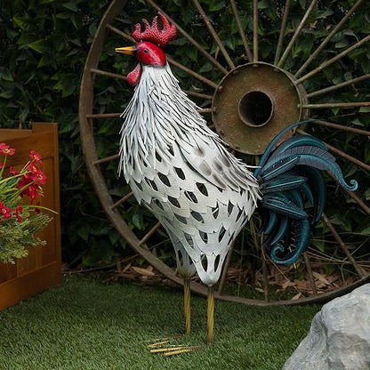 Alpine Corporation 28" Tall Outdoor Metal Feathered Rooster Statue with Vibrant Design, Garden Decor, White/Black