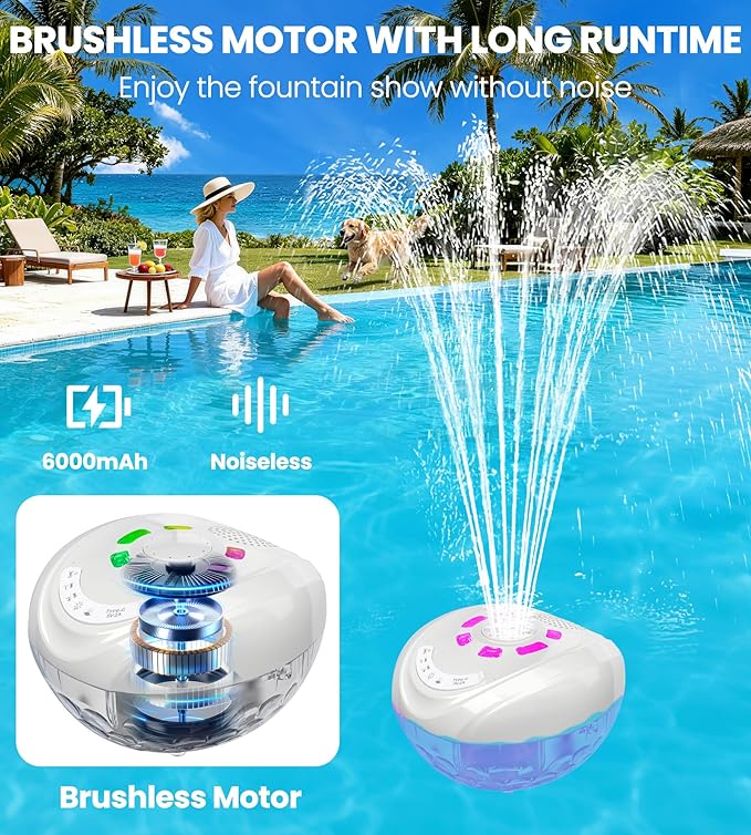 Luxfero 3 in 1 Floating Pool Fountain with Pool Speaker & Lights,2026 New Rechargeable Pool Fountain,Floating Bluetooth 5.4 Speaker IP68 Waterproof,Above Ground Pool Water Fountain with Anchor-White