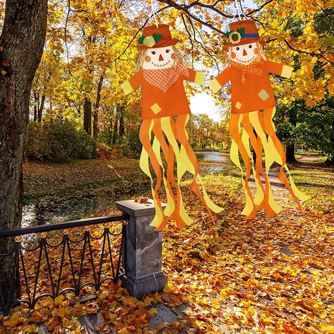 NOVWANG 2 Pcs Fall Scarecrows Windsocks, 40 Inch Outdoor Autumn Wind Sock Thanksgiving Hanging Scarecrow Decorations for Garden Patio Party Home Yard Decor