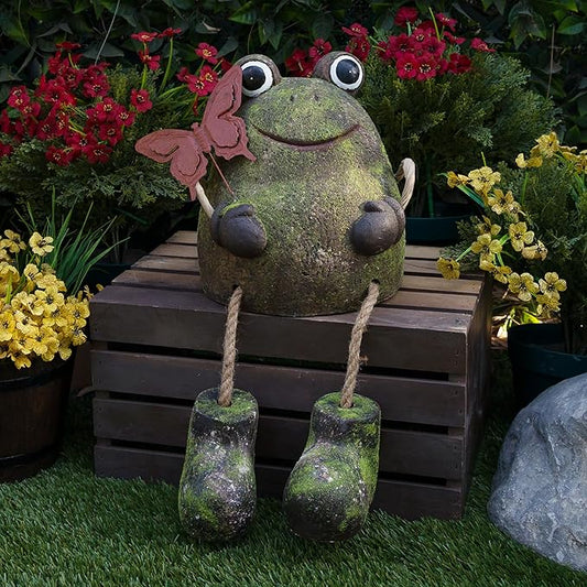 Alpine Corporation MCC836 Indoor/Outdoor Frog with Butterfly Garden Statue, Playful Frog Statue for Yard, 20" H, Green