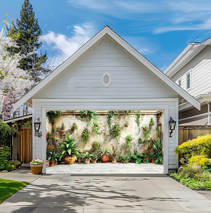 Large Garage Door Cover 157.5x70.9in Garden Plant Garage Door Banner Outdoor Decorations with Grommets & Rope, Waterproof Garage Door Decorations for House Exterior Spring Patio Decor