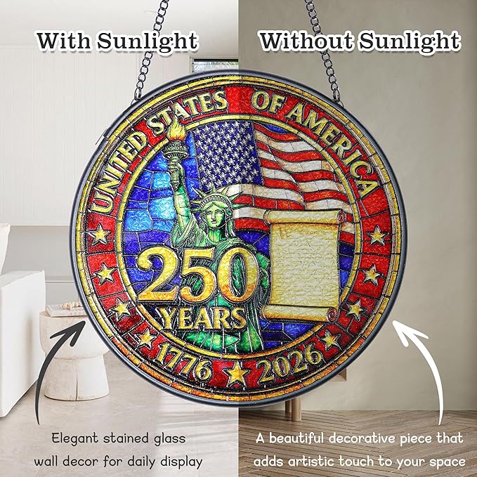 250th Anniversary USA Suncatcher - Patriotic Stained Glass Window Hanging for 4th of July Decorations - Vibrant Independence Day Decor for Home & Garden, Perfect 250 Anniversary USA Merchandise Gift